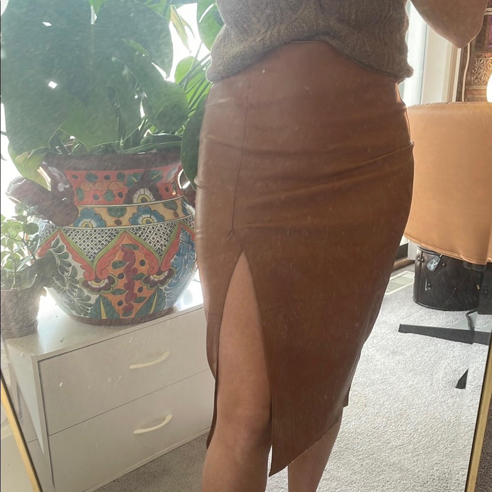 Brown faux Leather Midi Skirt